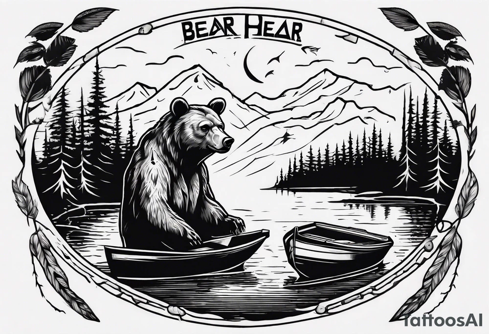 bear head right above the forest line with a lake below with a small fishermans boat floating on it, full arm sleeve tattoo tattoo idea