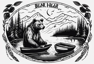 bear head right above the forest line with a lake below with a small fishermans boat floating on it, full arm sleeve tattoo tattoo idea