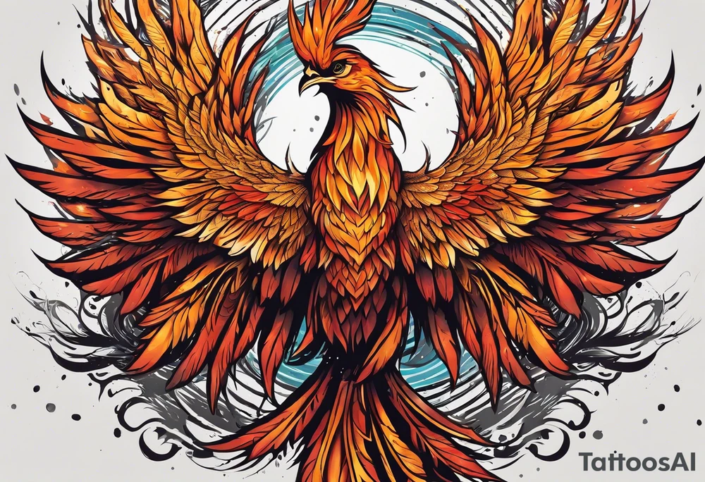 Tattoo: A powerful, majestic phoenix, depicted mid-flight or rising, with wings extended and feathers flowing. Deep shading and intricate details to bring out the texture and motion of the feathers. tattoo idea