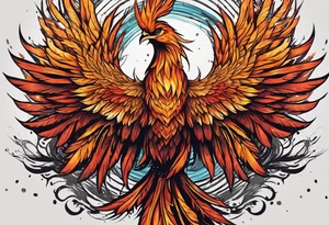 Tattoo: A powerful, majestic phoenix, depicted mid-flight or rising, with wings extended and feathers flowing. Deep shading and intricate details to bring out the texture and motion of the feathers. tattoo idea