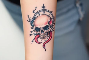 Skull with a snake going through its eyes and prickly vines with a clock in the background tattoo idea