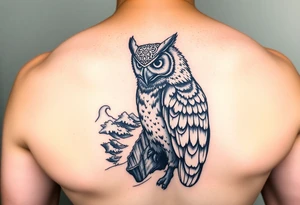 Masked owl overlooking a trench with waves in the background tattoo idea