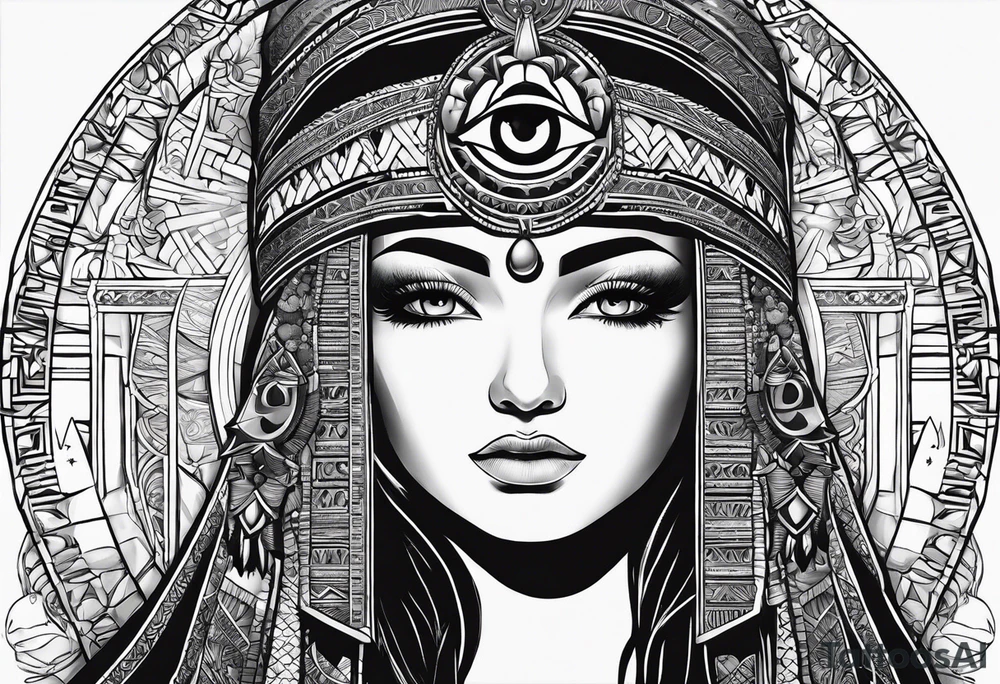 girl with eye of horus behind hierogliphlic wall tattoo idea