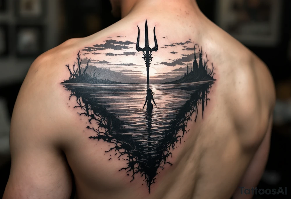 trident half way under calm water with mermaid and sunset tattoo idea