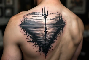 trident half way under calm water with mermaid and sunset tattoo idea