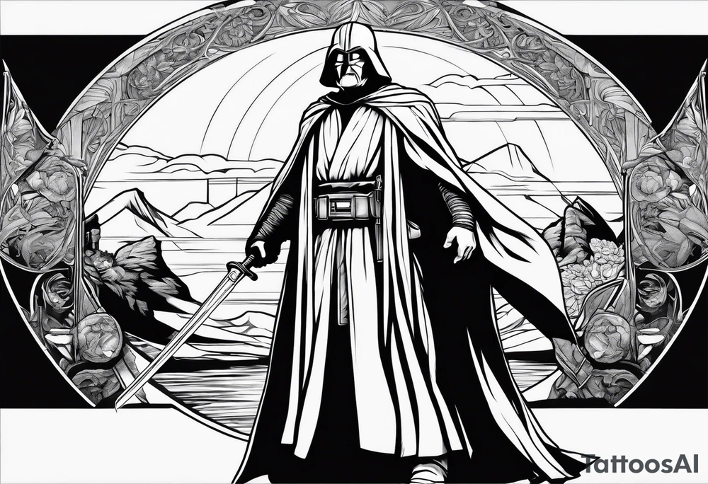 Full arm sleeve tattoo extending from shoulder to wrist featuring young Obi Wan Kenobi battling Ben Affleck's Batman at Helms Deep from Lord of the Rings tattoo idea