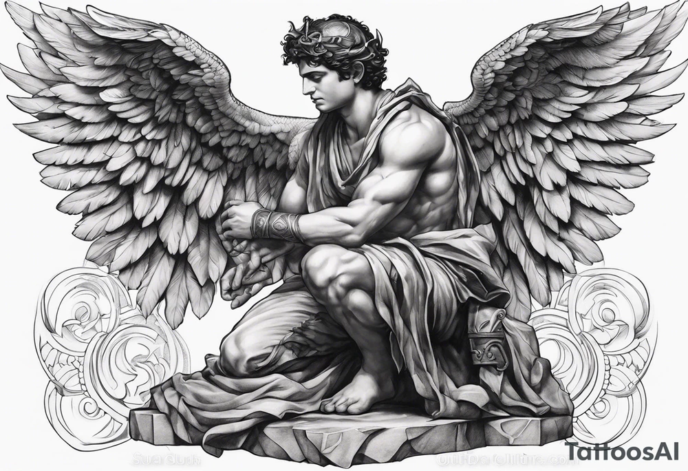 God hermes kneeling with wings wrapped around him tattoo idea tattoo idea