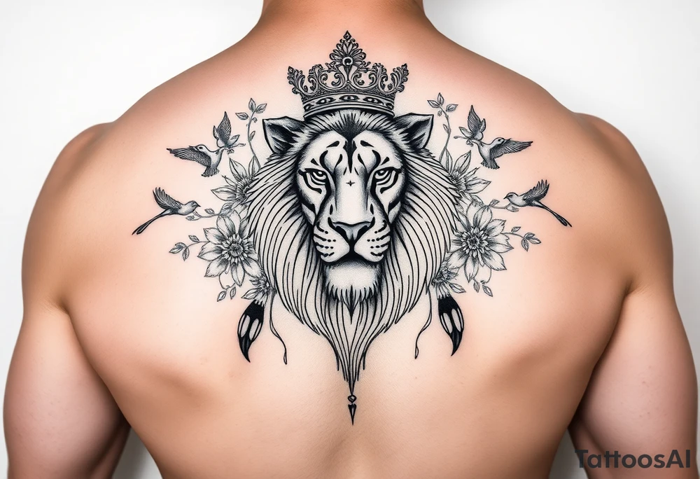 powerful majestic lion with a crown, surrounded by floral ornaments and birds tattoo idea