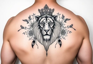 powerful majestic lion with a crown, surrounded by floral ornaments and birds tattoo idea