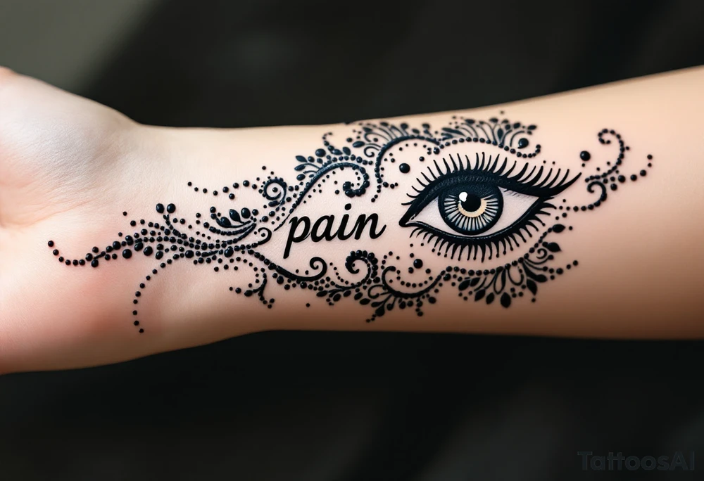 Indian style Henna tattoo for the inner wrist include the word pain and an eye tattoo idea