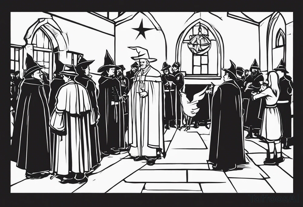 The accusation of a witch in the Salem trials. An otherwise quiet member of the community is accosted by a crowd, perhaps with a member of the clergy and a soldier of some kind present to take them into custody. tattoo idea