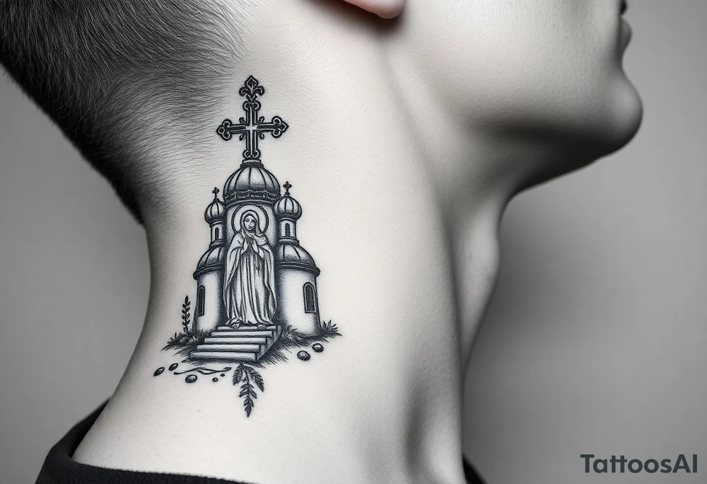 russian design traditional christian orthodox cross with a virgin mary stood beside the entrance of a russian orthodox dome church on the side of the neck in a wilderness setting with the design spread out the side of the neck tattoo idea