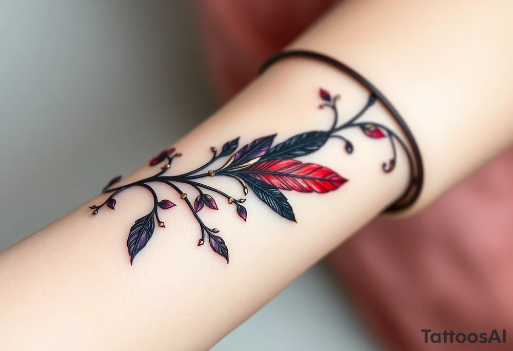 Bracelet with vines and feathers
Purple, red and black with a jewelry like finish
add gold
and silver with a dragon tattoo idea