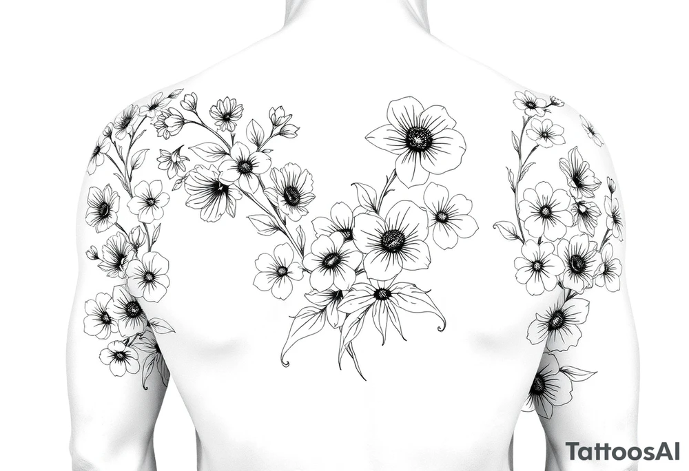 Full sleeve tattoo design of larkspur and hawthorn flowers, highly detailed line art, black ink, elegant botanical style, intertwined composition, no shading, no human mock-up, clean stencil style suitable for tattooing, fit fully within boundaries. LINE ART ONLY, REMOVE HUMAN, NO SKIN tattoo idea