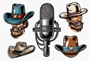old school broadcast microphone with a cowboy hat on top of it. tattoo idea