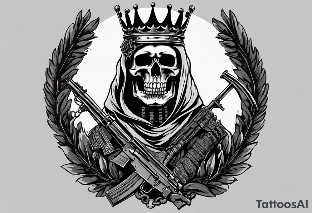 image of a skeleton standing frontally with a crown on his head, holding an AK-47 on his shoulder with his right hand. The chain on the left should be taut, there are three angry barking Dobermans in it, near the waist tattoo idea