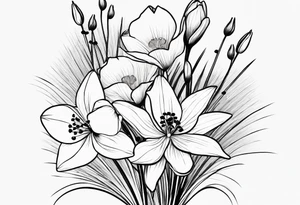 A minimalist line work bouquet of flowers with a water lily, gladiolus, poppy, lily of the valley, daffodil, and a honey suckle. With long stems and tied with a bow tattoo idea