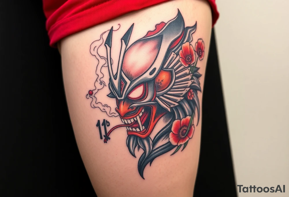 Big Rouge ronin to cover the entire thigh with smoke coming out of its mouth with 11b tattooed under its left eye with 1 poppy on each side of the ronin tattoo idea
