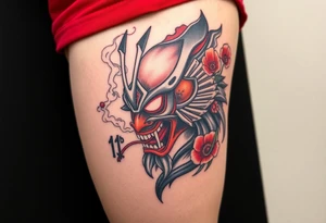 Big Rouge ronin to cover the entire thigh with smoke coming out of its mouth with 11b tattooed under its left eye with 1 poppy on each side of the ronin tattoo idea