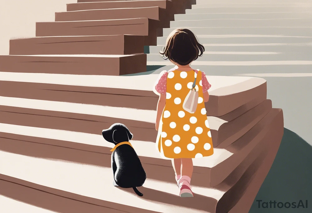 5 year old girl. Facing away and walking up steps which look like large books. The binding of the books being the front of the stairs. The girl has her hair partially up, with a bow securing her hair. She's wearing a puffy a-line, polka dot dress. In one hand, she's holding the arm of a stuffed dog, in the other she hold the hand of someone who's arm slowing disappears. tattoo idea