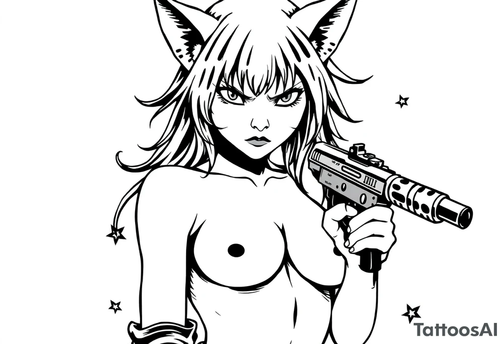 naked catgirl, slut, angry, anime, holding gun tattoo idea