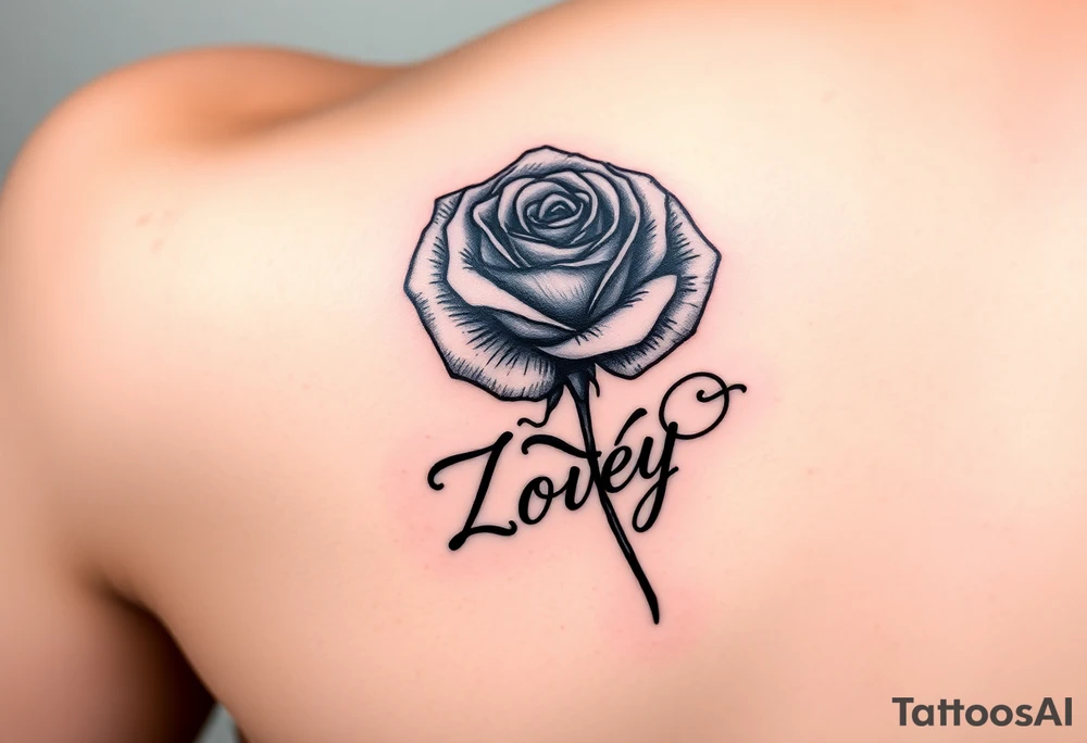 Arm tattoo with a rose and the name Zoey in cursive for the stem tattoo idea