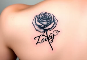 Arm tattoo with a rose and the name Zoey in cursive for the stem tattoo idea