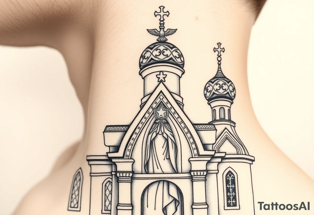 Flowing Scene

A onion domes orthodox church
Virgin Mary in prayer pose on the front doors of the russian orthodox church 
A small double headed russian coat of arms eagle or just the star tucked above the dome near the hairline tattoo idea