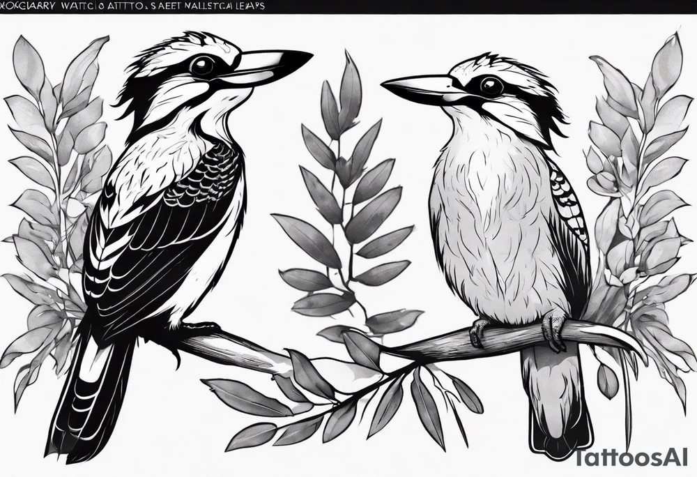 Cartoon kookaburra sitting on wattle and eucalyptus leaves tattoo idea