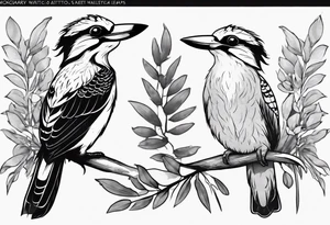 Cartoon kookaburra sitting on wattle and eucalyptus leaves tattoo idea