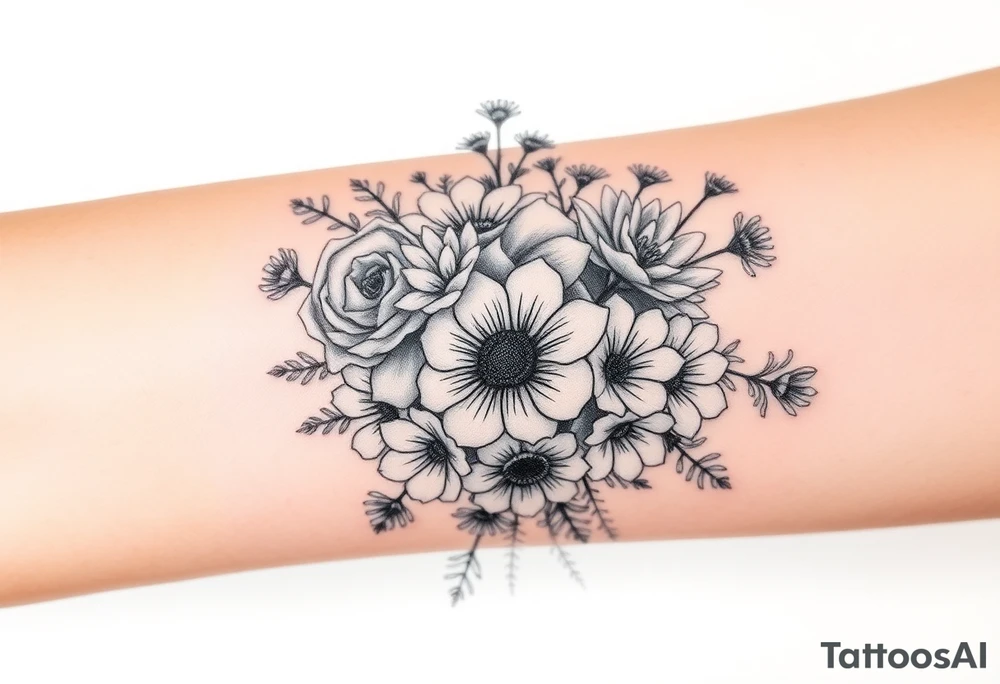 Bouquet of roses, snowdrops, marigolds, asters and gladioli tattoo idea