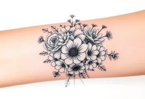 Bouquet of roses, snowdrops, marigolds, asters and gladioli tattoo idea