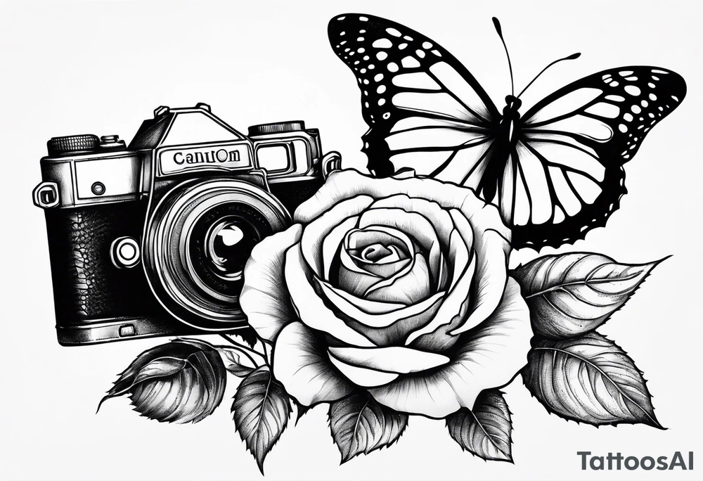 Flower : rose , sunflower, camera, small butterfly tattoo idea