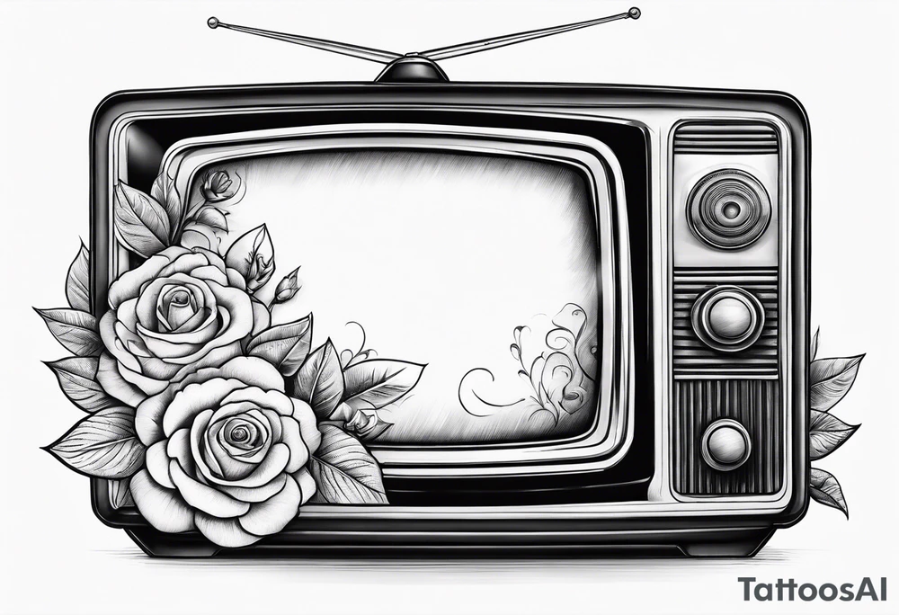 Retro TV with roses and daisys tattoo idea