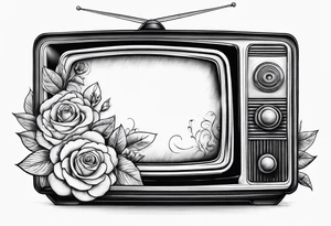 Retro TV with roses and daisys tattoo idea