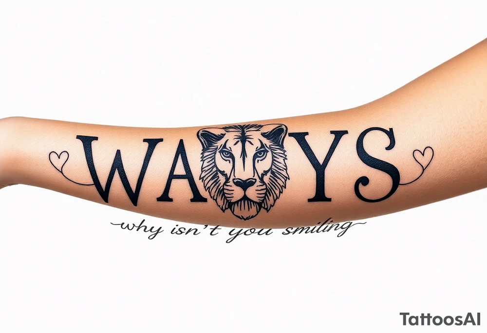 W.A.Y.S spelled out with why aren’t you smiling under neath it with hearts with 444 and a lion tattoo idea