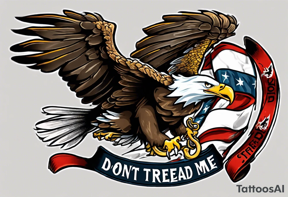 American traditional Bald Eagle carrying a snake in its talons, with a banner reading “don't tread on me” tattoo idea