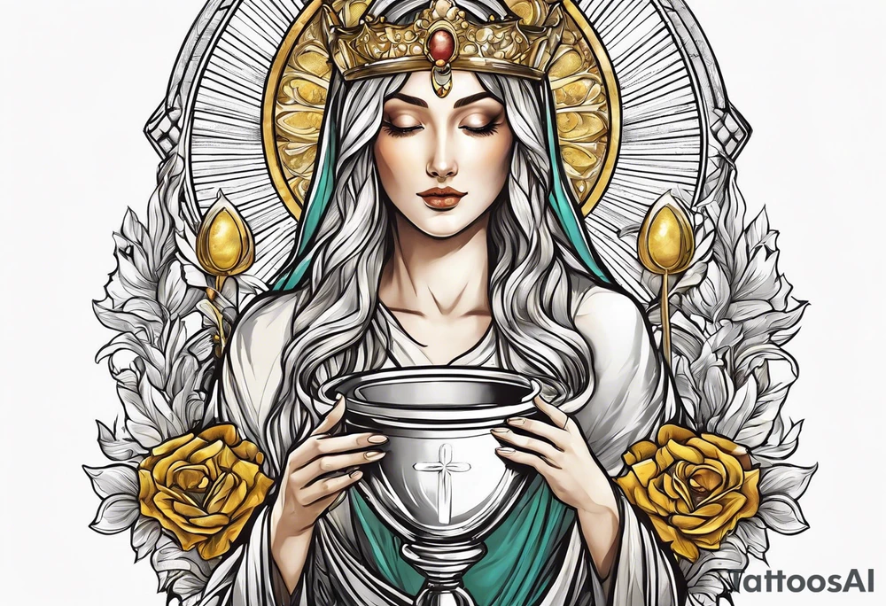 holy saint woman turned away with golden halo holding a chalice tattoo idea