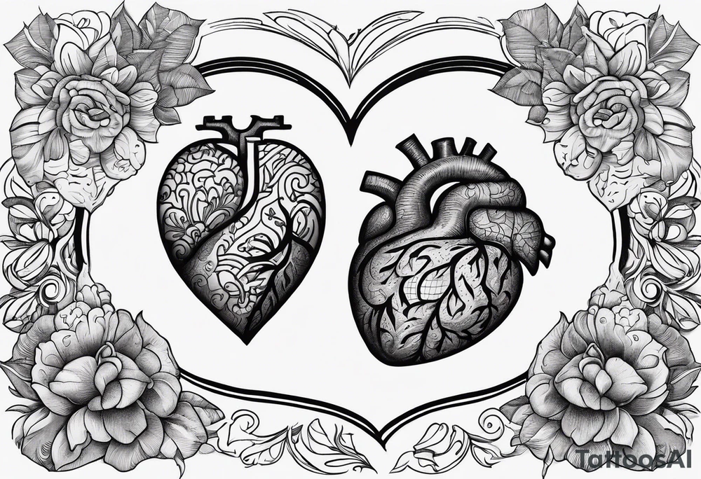 Heart bottom left a backslash line containing the word balance mid way brain top right tattoo idea