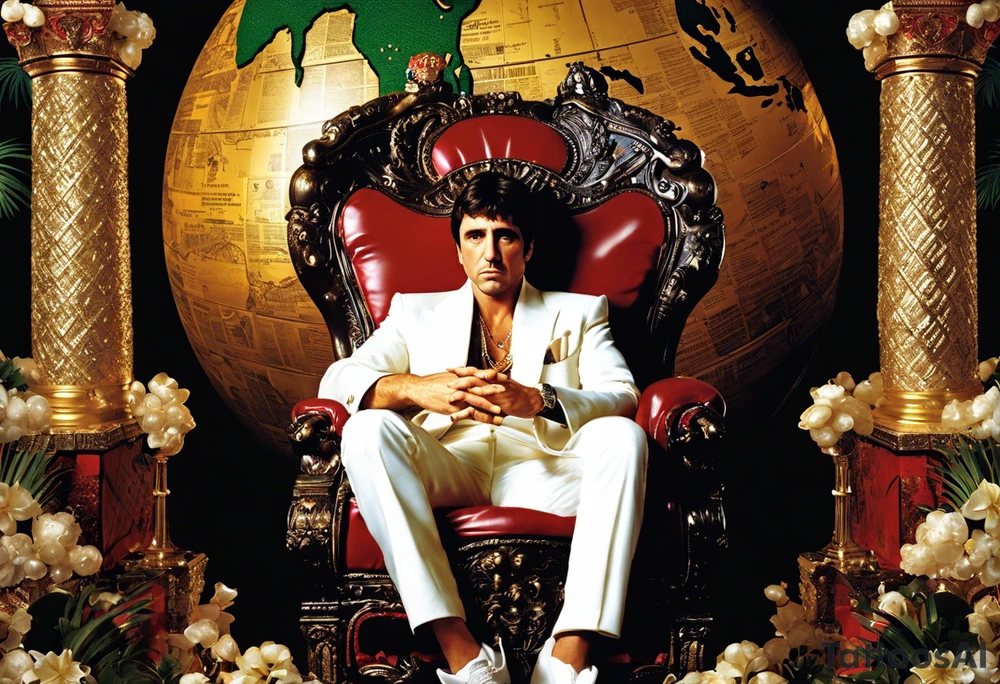 Tony Montana sitting on his throne with his infamous "The World is Yours” globe in hand, surrounded by elements that represent key scenes or motifs from the movie? For example, you could include symbols like piles of cocaine, palm trees, guns, and perhaps even the iconic "Say hello to my little friend" scene in the background. This would create a dynamic and visually captivating tattoo that pays homage to Scarface in a unique and personalized way. tattoo idea