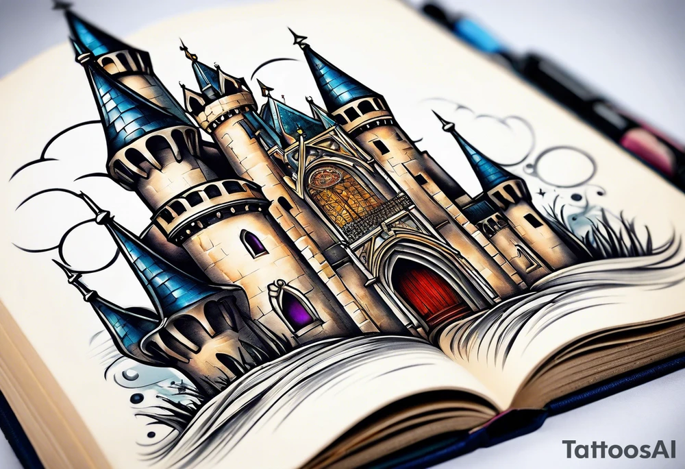 open book with castle tattoo idea