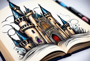 open book with castle tattoo idea