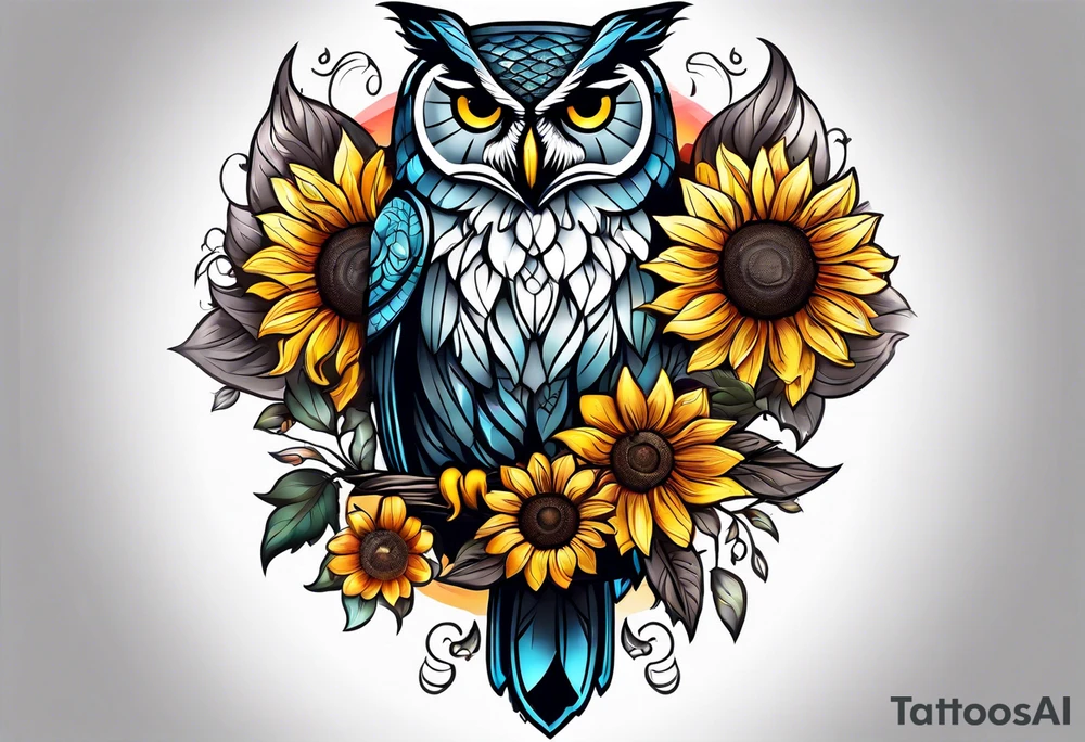 Sleeve with an owl, sunflower and butterfly tattoo idea