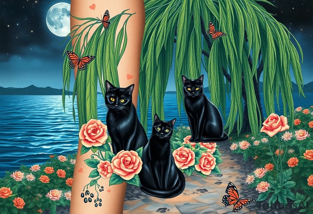 Night time. Ocean.  weeping willow garden with roses and liles flower beds. fantasy creatures, fairies, mermiads, dragons butterflies,  cat paw prints path in dirt. Black and orange cats tattoo idea