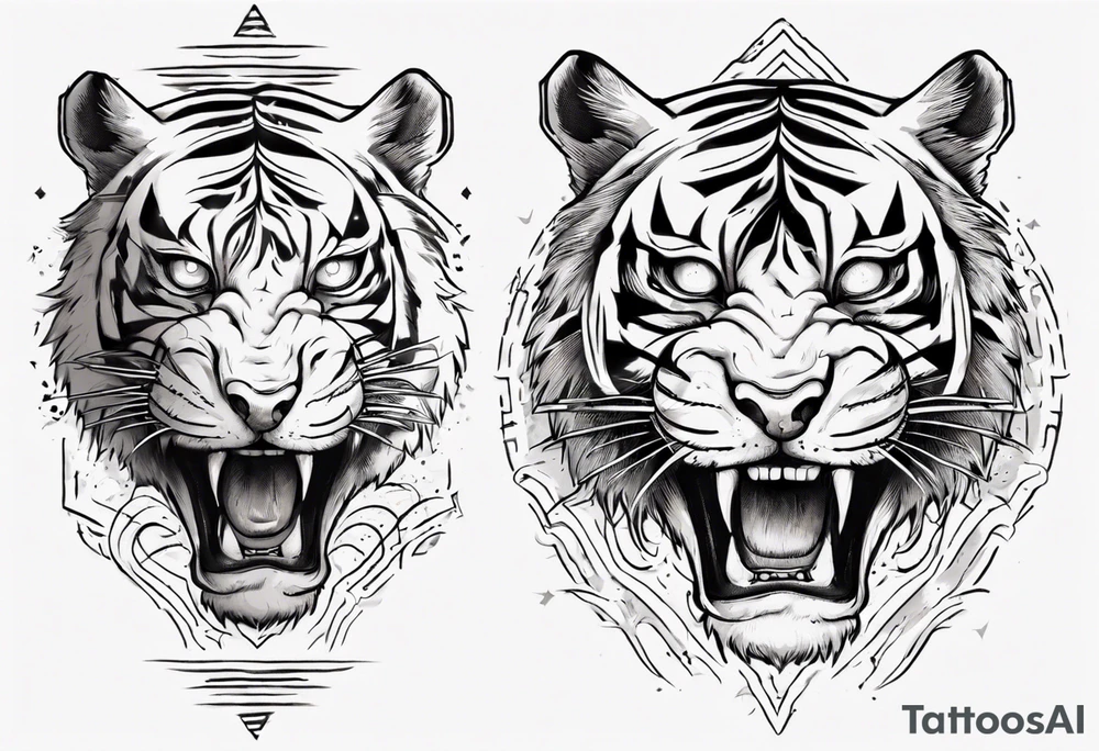 Ancient tiger with lightning and a sun for a forearm sleeve. With patterns surrounding it tattoo idea