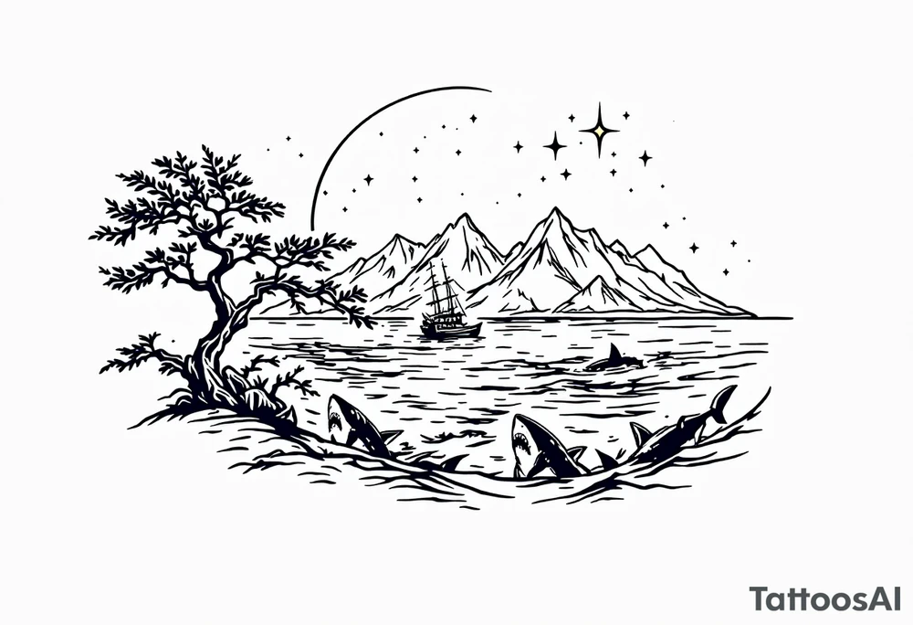 tattoo that has an acacia tree with mountains, ocean with a ship wreck with sharks and the northern star tattoo idea
