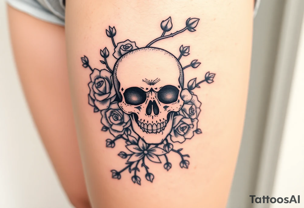 skull intertwined with roses and thorny vines tattoo idea