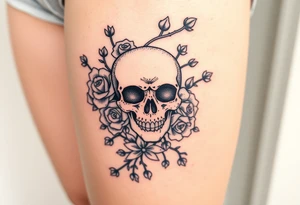 skull intertwined with roses and thorny vines tattoo idea