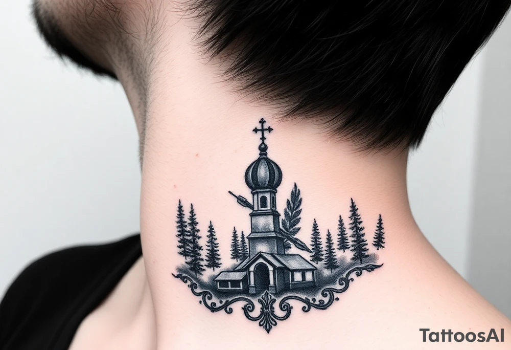 Traditional authentic Russian coat of arms with a Christian orthodox virgin marry in the middle and silhouette in a Russian wilderness Christian orthodoxy dome church village setting on the side of my neck tattoo idea