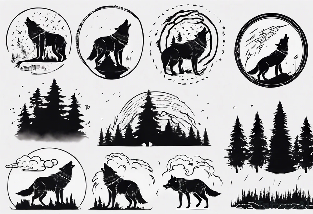 thunderstorm over a forest with a wolf howling on drums tattoo idea thunderstorm over a forest with a wolf howling on drums tattoo idea